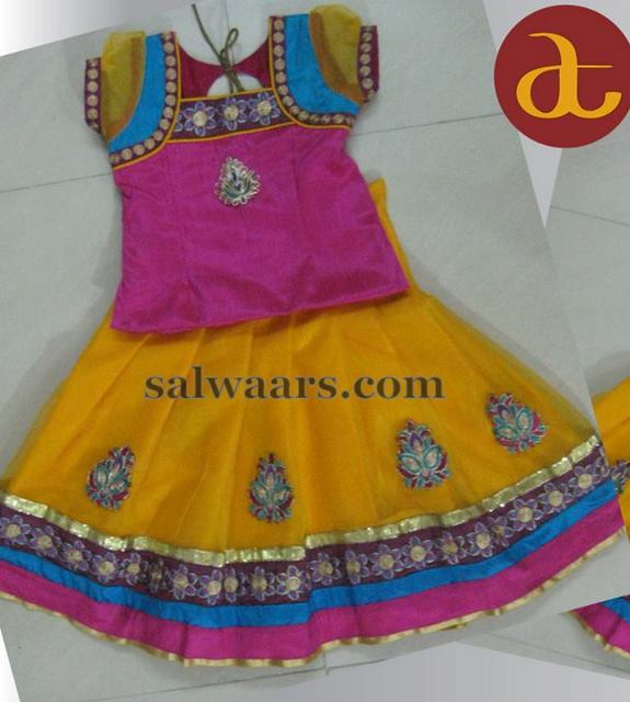 Gota Work Yellow Kids Pavada Indian Dresses