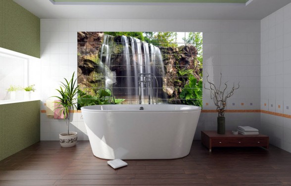 green comfortable bath waterfall tiles