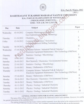 B.Sc. Part 2 Winter 2012 Exam Timetable Nagpur University 