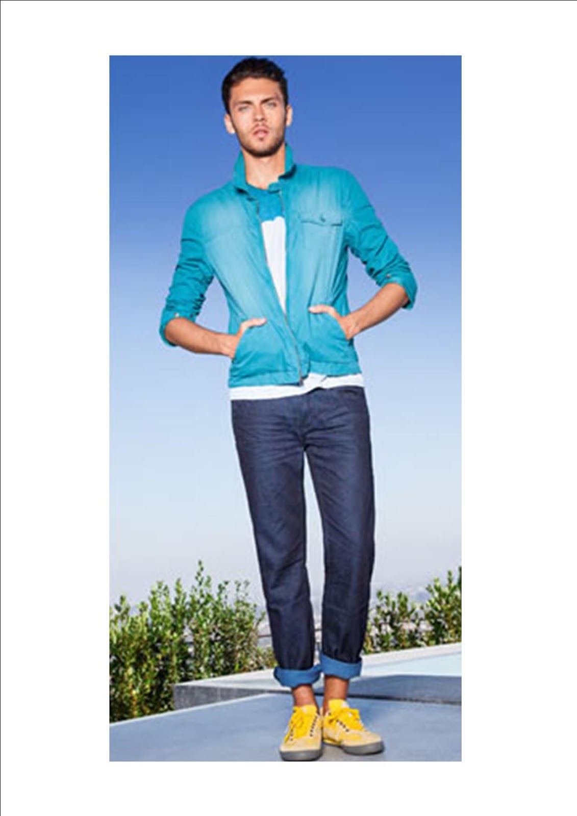 In this outfit different shade of dark and light blue has paired together with neon yellow shoe. To give balance for this outfit the white color has a