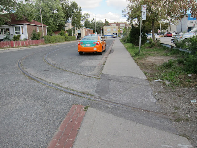 Streetcar tracks on Strathmore AVenue just north east of Woodbine station