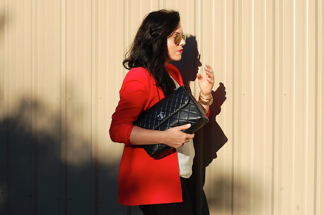 Red BCBGmaxazria blazer, H&M harem pants, Chanel ITB bag, T.Babaton tank top and Prabal Gurung for Target cage heels.