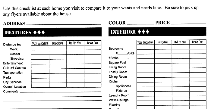 house shopping checklist shopping checklist