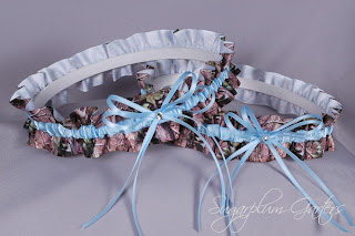 something blue wedding garter set in pale blue and real tree camouflage