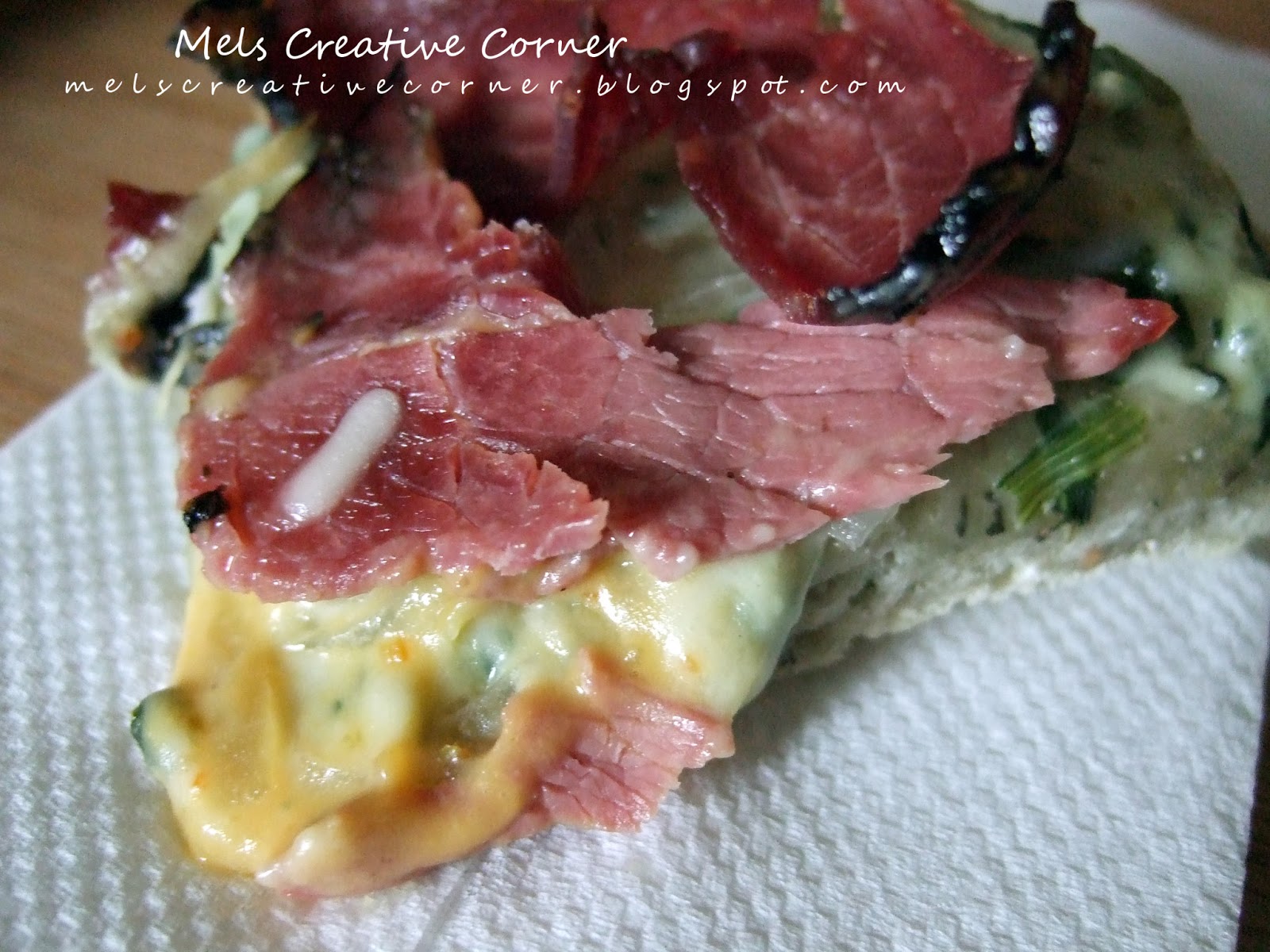 Caramelized Onions, Pastrami, with Creamy Spinach Artichoke Flat Bread
