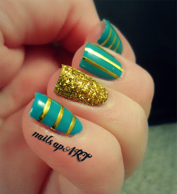 Teal and Gold Stripe Nail Art