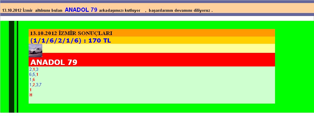 13.10.2012 İzmir Sonuçları* * * TEBRİKLER ANADOL 79