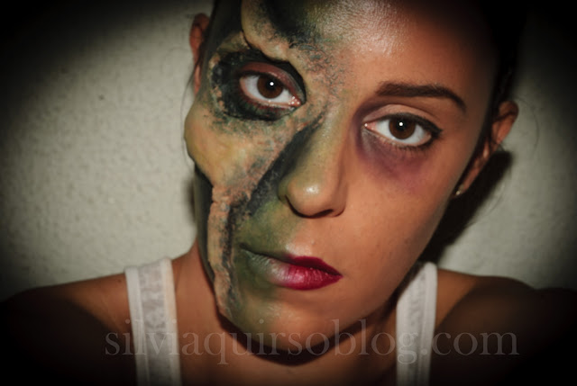 Maquillaje Halloween 6: Calavera media cara, Halloween Make-up 6: Half face skull, efectos especiales, special effects, Silvia Quirós