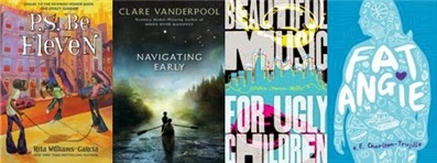 Covers of Youth Media Award winners P.S. Be Eleven, Navigating Early, Beautiful Music for Ugly Children, and Fat Angie.