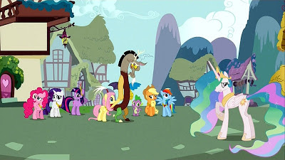 Fluttershy holds hooves/paws with Discord