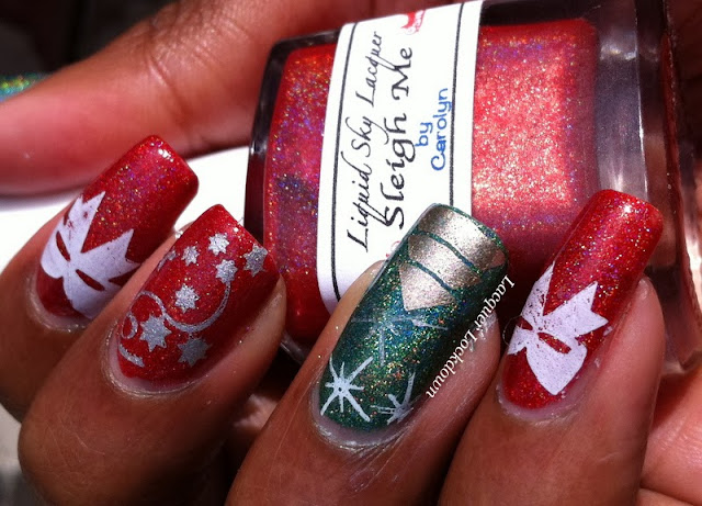 Lacquer Lockdown - Liquid Sky Lacquer Sleigh Me, Liquid Sky Lacquer Ever Green, christmas nail art, christmas trees, bow nail art, bows, stars, snow, gift wrap nails, hologiraphic, indie polish, apipila cosmeticos, apipila 05, apipila, stamping, nail art, chirstmas nails, xmas nails, holiday nail art, cute nais, easy nail art, simple nail art, bundle monster, konad, essie as gold as it gets, essie no place like chrome