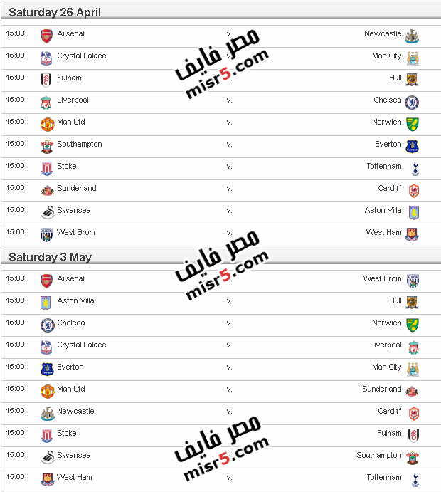 مواعيد مباريات الدوري الإنجليزي 2013-2014 الموسم الجديد 26