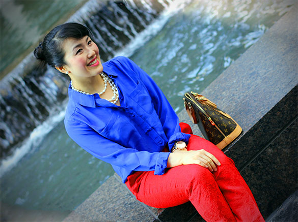 Blue Shirt and Bright Red Pants