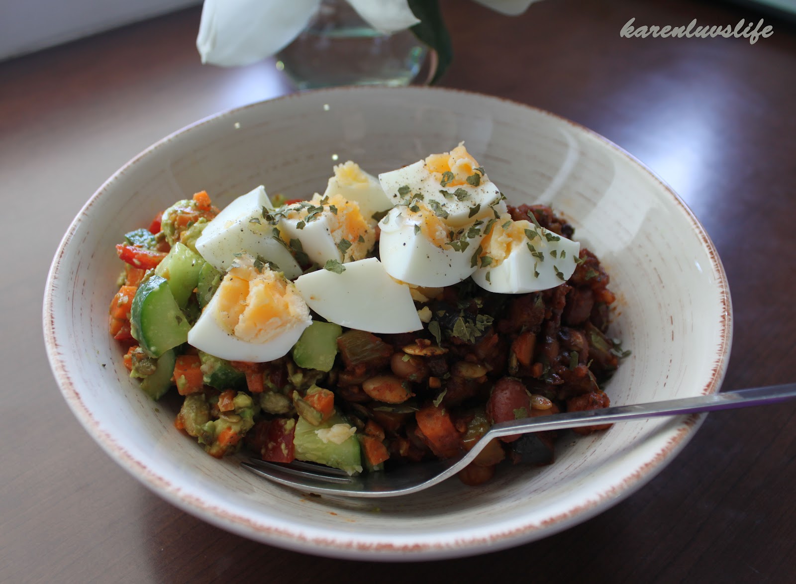Aussie baked beans with cucumber avocado salad and boiled eggs