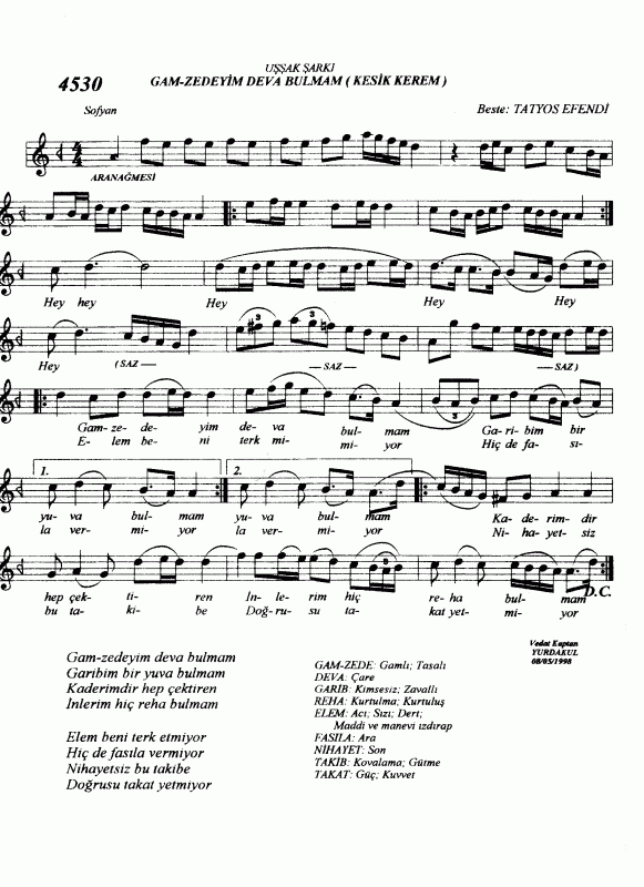 Gamzedeyim deva bulmam Notalar Sözleri