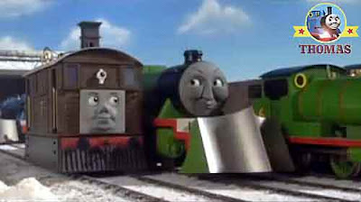 Toby tram Thomas the train and friends Percy get this stranded frozen snow ice-covered Island moving