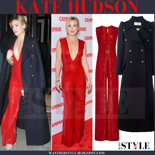 Kate Hudson In In Red Sequin Jumpsuit At Campari Launch On Kate Hudson in red sequin naeem khan jumpsuit and blue chloe coat what she wore red - Kate Hudson In In Red Sequin Jumpsuit At Campari Launch On