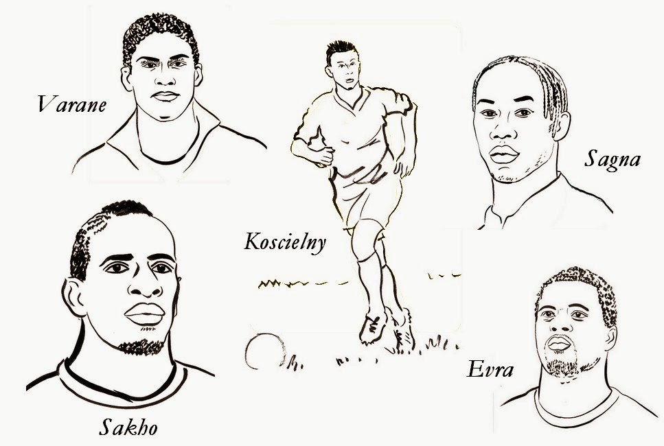 Coloriage Raphaël Varane, Laurent Koscienly, Bacary Sagna, Mamadou Sakho, Patrice Evra