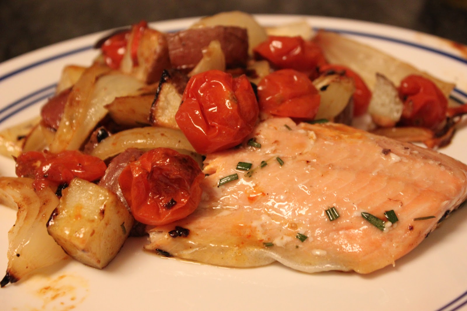 Megsiemay Makes Salmon with Roasted Tomatoes, Potatoes, and Olives