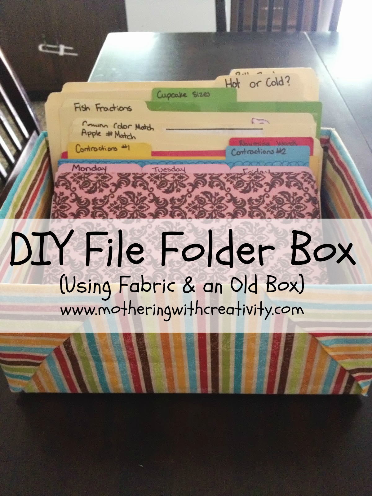 Mothering with Creativity DIY File Folder Box (Using Fabric & an Old Box)