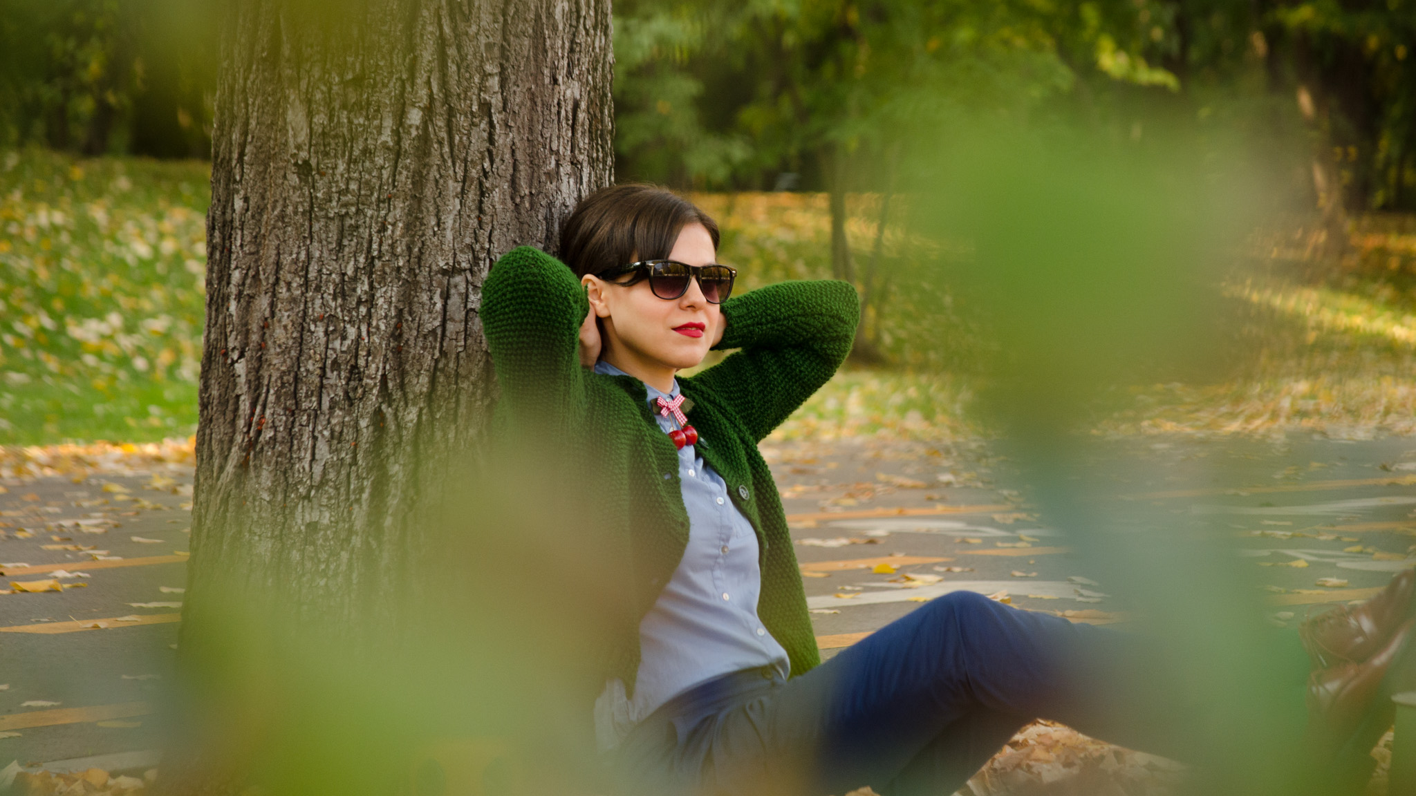 navy blue pants knitted green sweater shirt mustard square bag cherries h&m thrifted  burgundy man shoes oxford autumn scenery yellow leaves