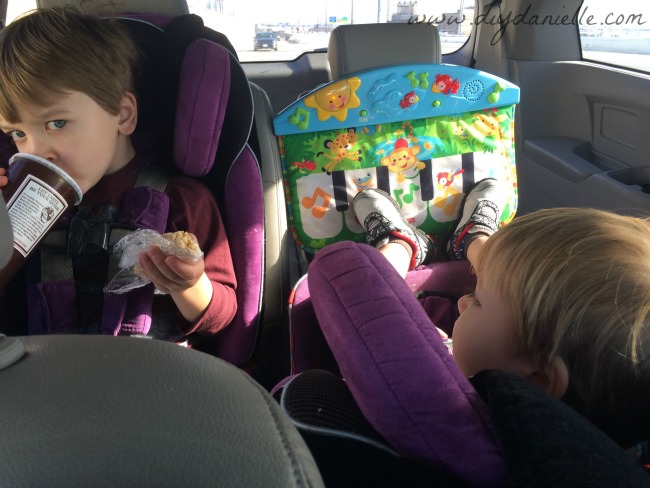 The Kick and Play Piano saved the day and kept my youngest from kicking my oldest son for the whole car ride! Yay! Entertaining himself with the Kick and Play Piano