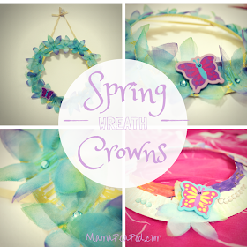 spring wreaths or crowns made by kids from paper plates and flowers