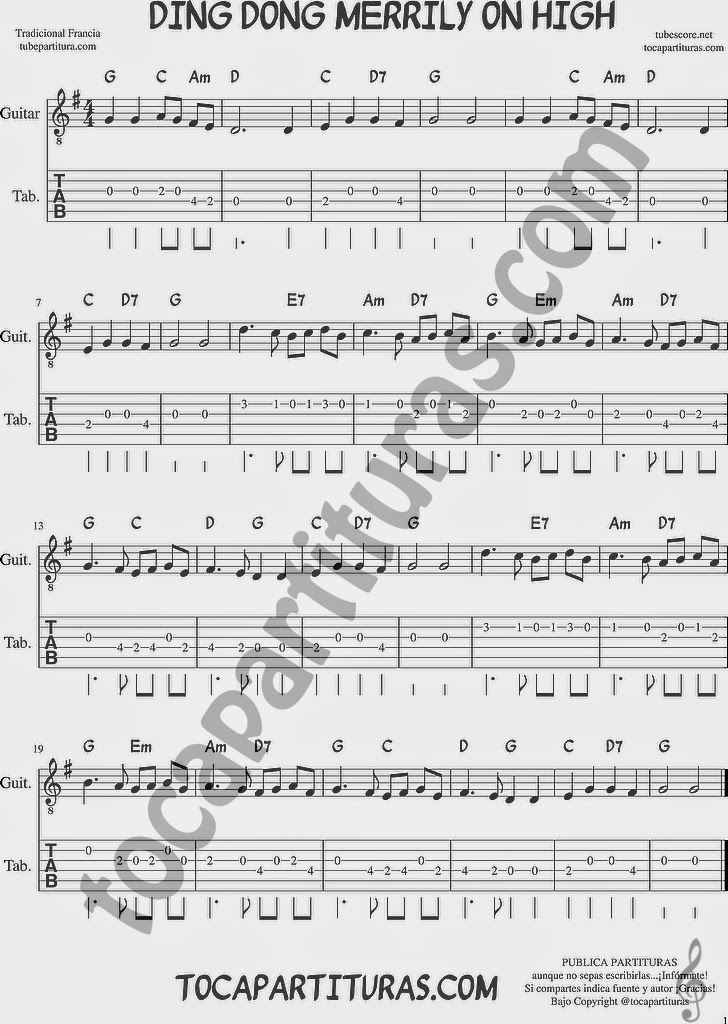 Tubescore Ding Dong Merrily On High Tab Sheet Music for Guitar with Chords Christmas Carol