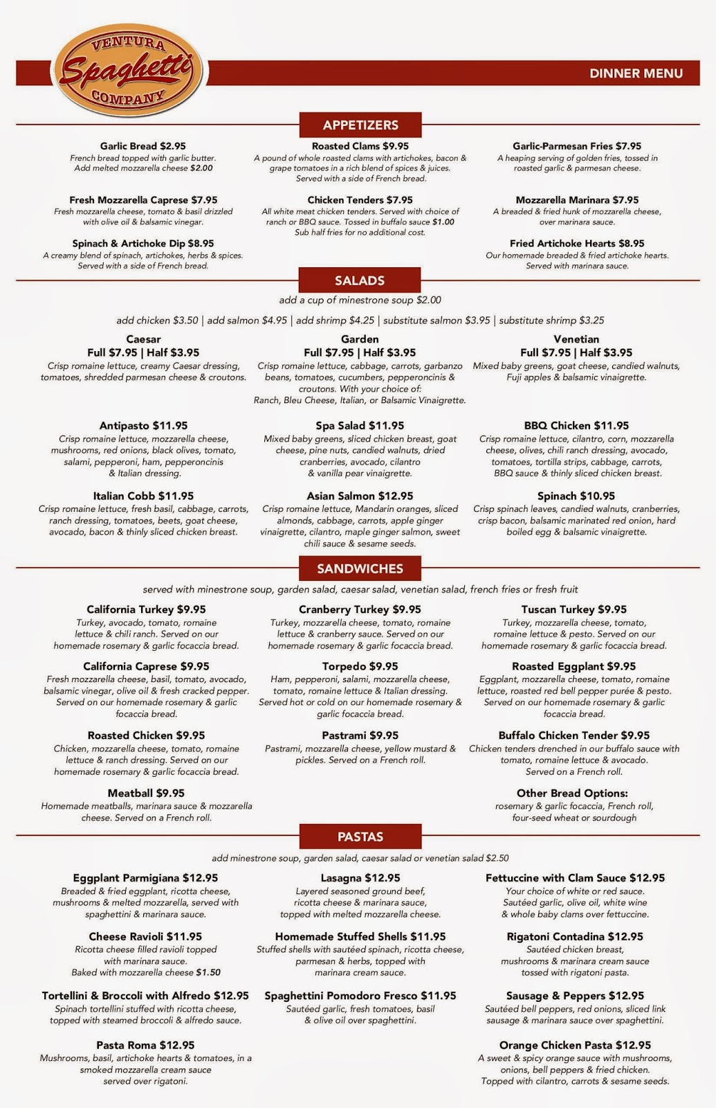 Vc Menu Ventura Spaghetti Company Ventura