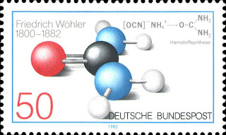 Gedenkmarke zum hundertsten Todesstag von Friedrich Wöhler 1800-1882 Entwicklung der Harnstoffsynthese stamp for hundred years of death first synthesis of urea, also known as carbamide Ausgabepreis: 50 Pfennig