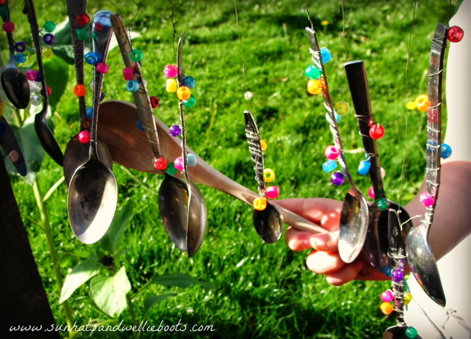 Sun Hats & Wellie Boots Outdoor Music Station made with Spoons
