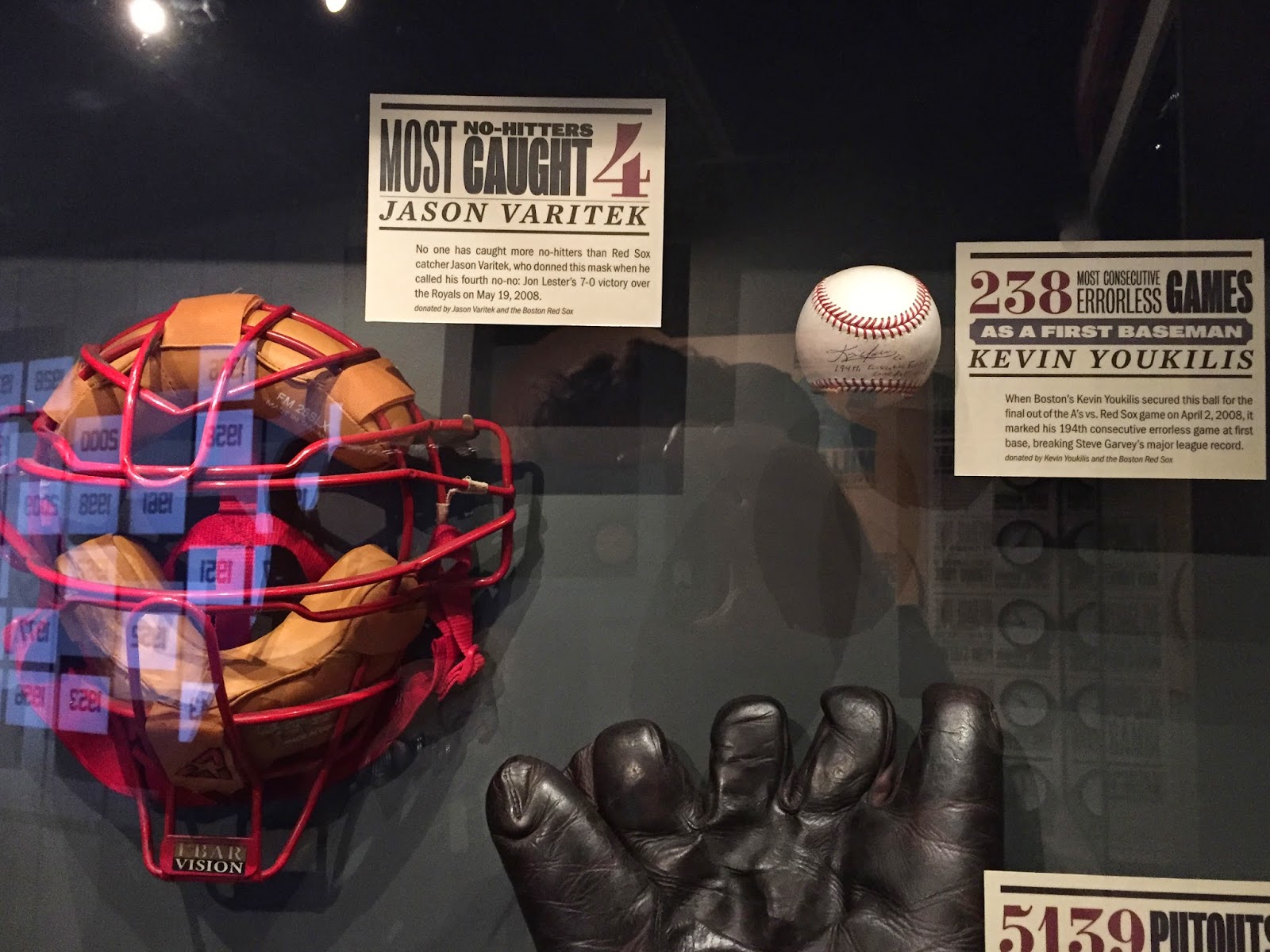 Varitek and Youkilis Hall of Fame Jason Varitek most no-hitters caught by a catcher, Kevin Youkilis most consecutive errorless games at first base, hall of fame