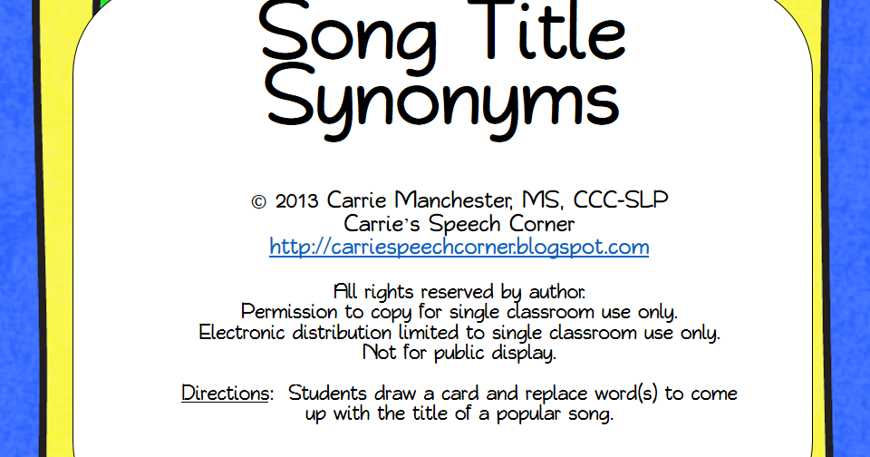 Carrie's Speech Corner Song Title Synonyms {Freebie}