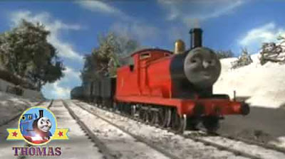Thomas tank James the red engine arrive at the top of main line express Gordon's hill tracks icy