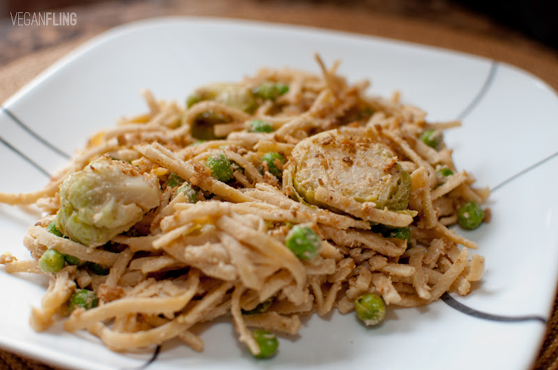 VeganFling Alfredo Pasta with Brussels Sprouts