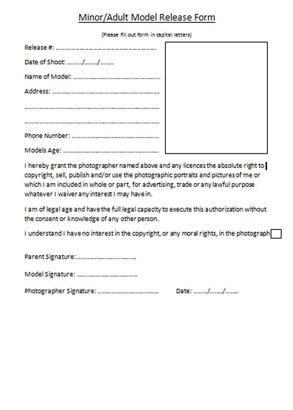 Example Copyright Release Form Photography