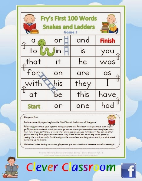 FREE PDF Fry's First 100 Words Snakes and Ladders Games x 6