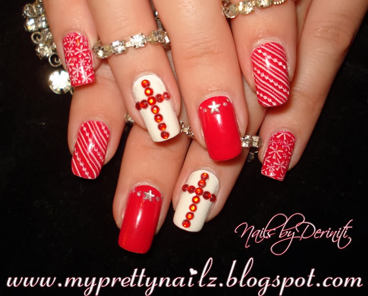 My Pretty Nailz: Christmas Nail Art Stamping With Rhinestone Cross Konad M65 & Cheeky CH12 - Wet n Wild French White Creme, Sinful Colors Folly, Konad White Special Polish - My Pretty Nailz: Christmas Nail Art Stamping With Rhinestone Cross