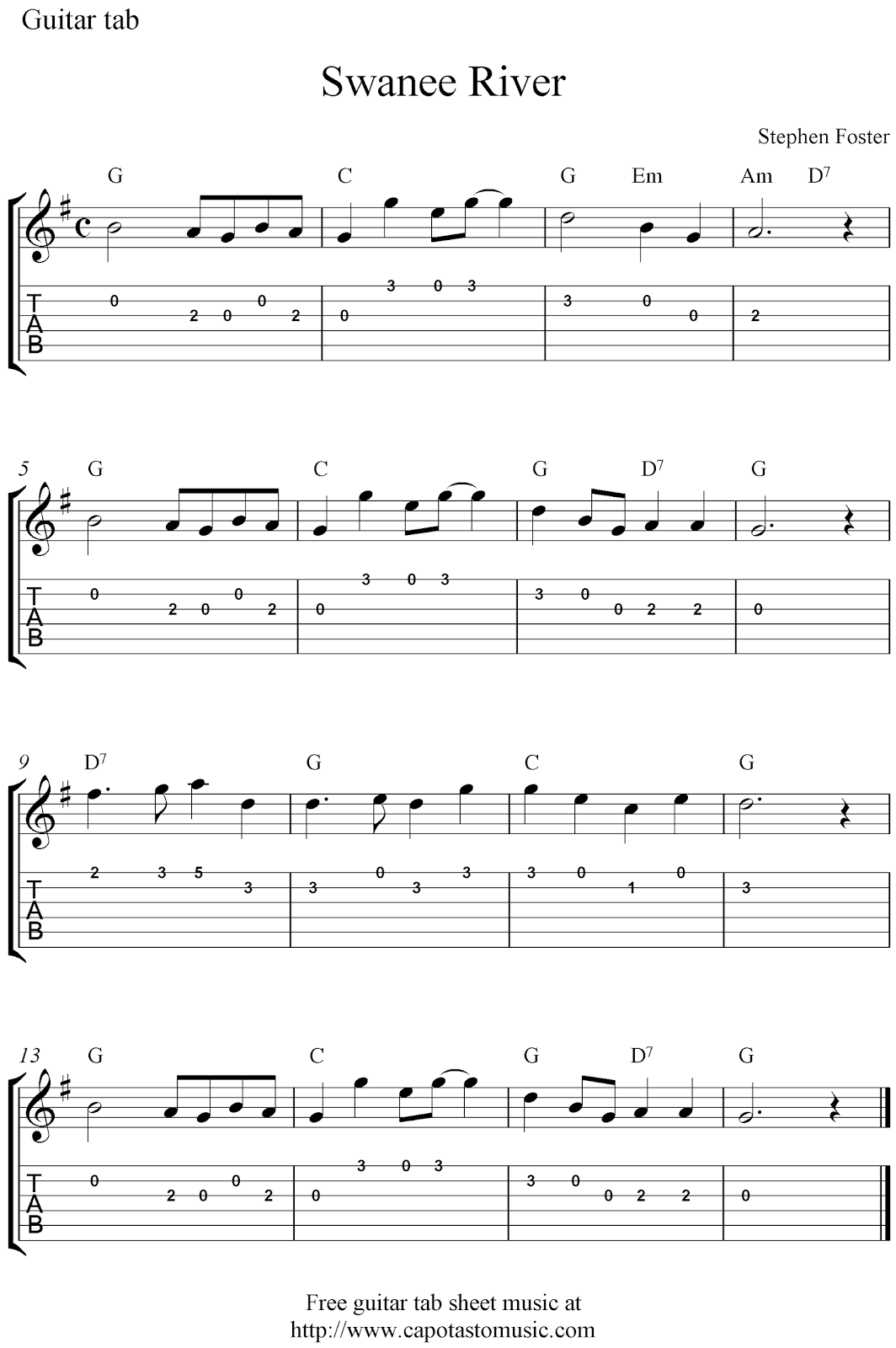 swanee river by stephen foster free guitar tablature sheet music score printable music score