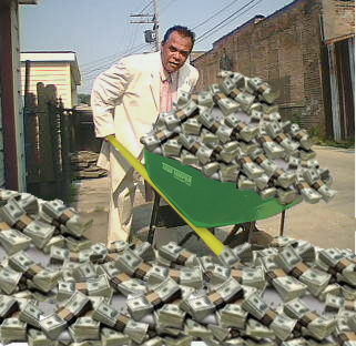Man with a wheelbarrow full of money
