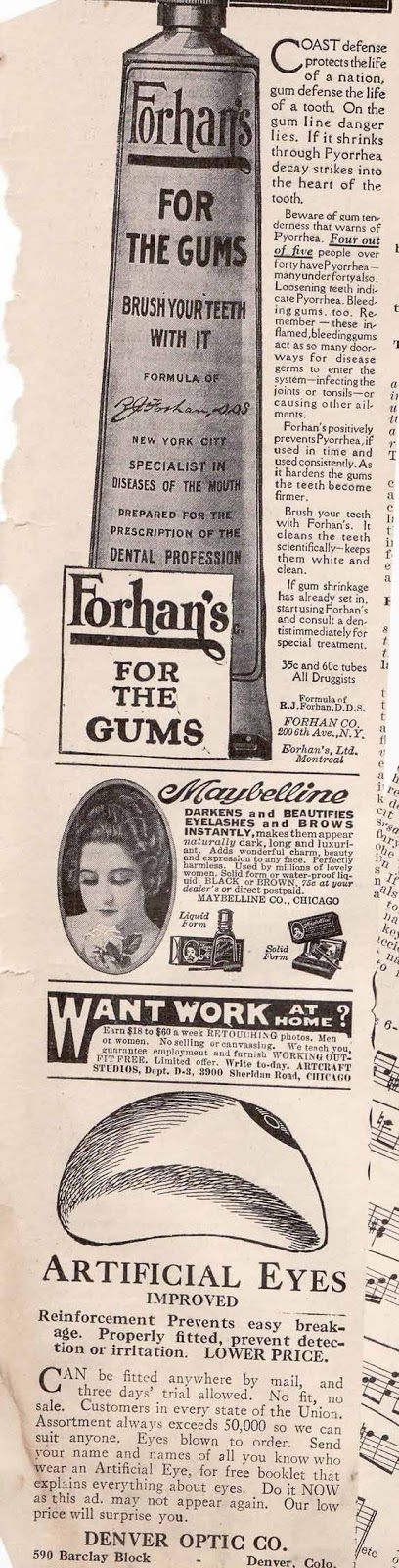 Forhans toothpaste and artificial eyes 1926