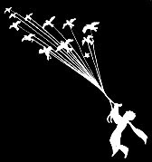 Evasión de El Principito aprovechando una migración de pájaros silvestres. Variación en trazos blancos sobre fondo negro a partir de la ilustración original del libro 'El Principito' de Antoine de Saint-Exupéry.