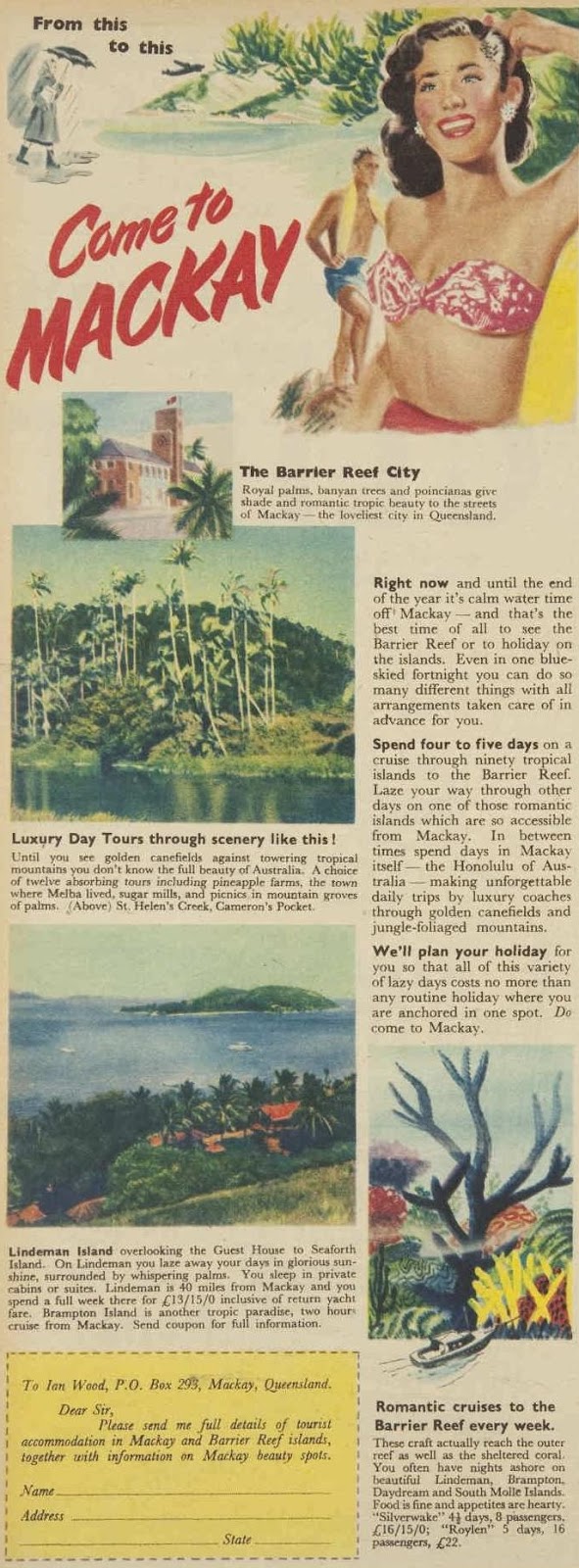 vintage 1950s ad for travel to mackay, QLD