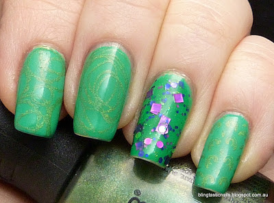 China Glaze Four Leaf Clover with Nubar Reclaim stamping and KBShimmer The Dancing Green