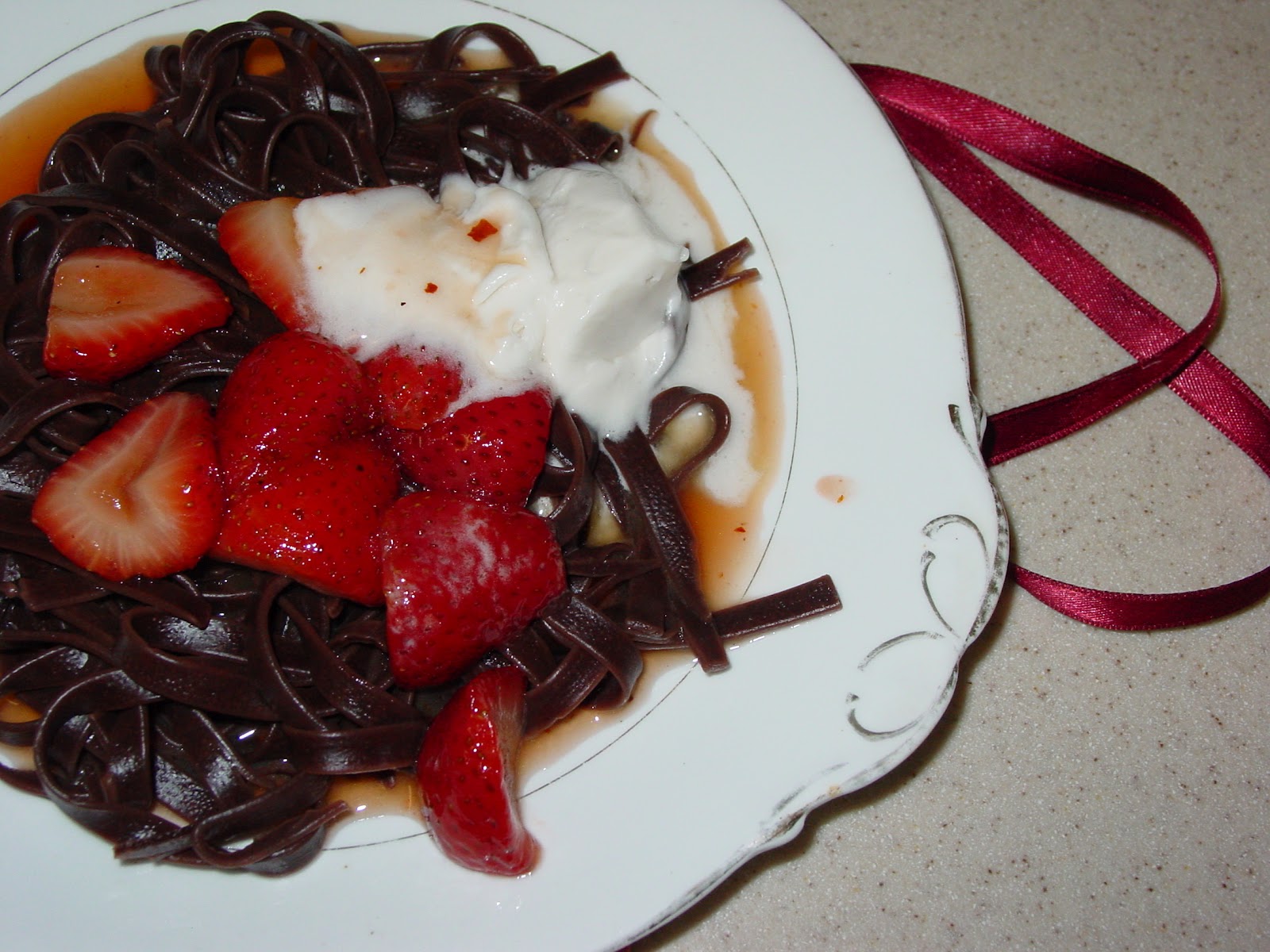 OliveNGrape Chocolate Pasta with Spicy Strawberry Sauce