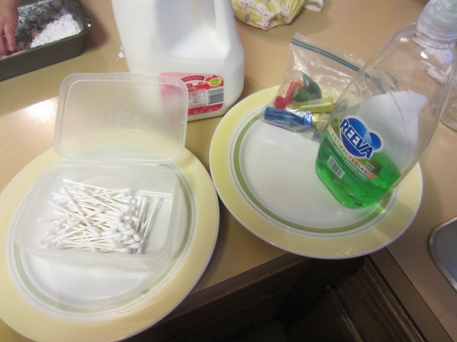 My Three Boys qtip and milk, dish soap and food coloring