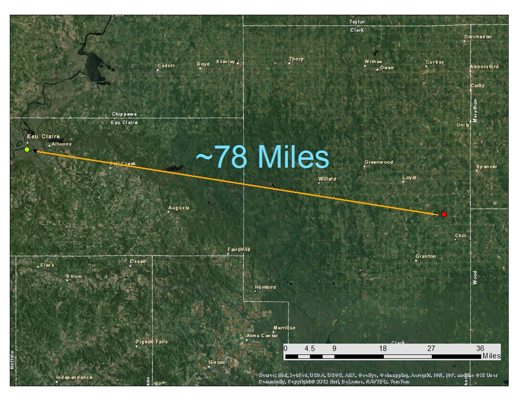 as seen in the map above the balloon took a ese east southeast path from eau claire the balloon eventually travelled nearly 80 miles as seen in the map above the balloon took a ese east southeast path from eau claire the balloon eventually travelled nearly 80 miles