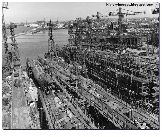 The German U-Boat building yard at Bremen after it was occupied by the Allies. May 5, 1945. In the background from left to right in the center - U-3060 and U-3062, in the foreground from left to right - U-3061 and U-3063