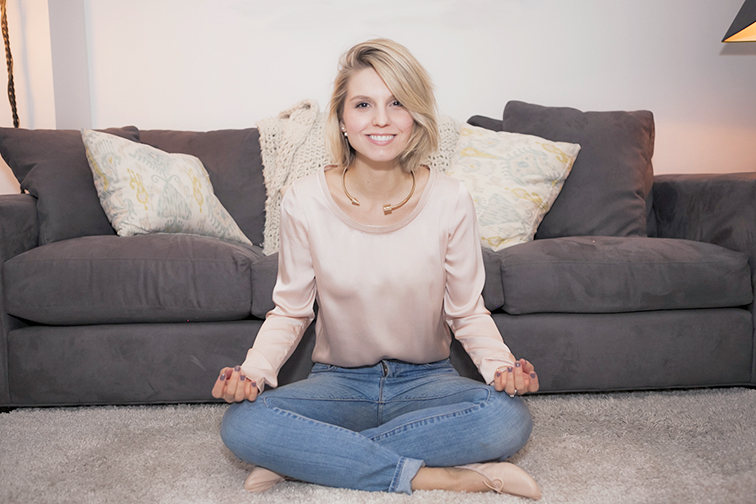 Zara gold metal choker, ASOS double pearl earrings, Valentino blush satin top, J Brand jeans, ballet slippers, bloch, Fashion Over Reason at home, home decor, cozy living room