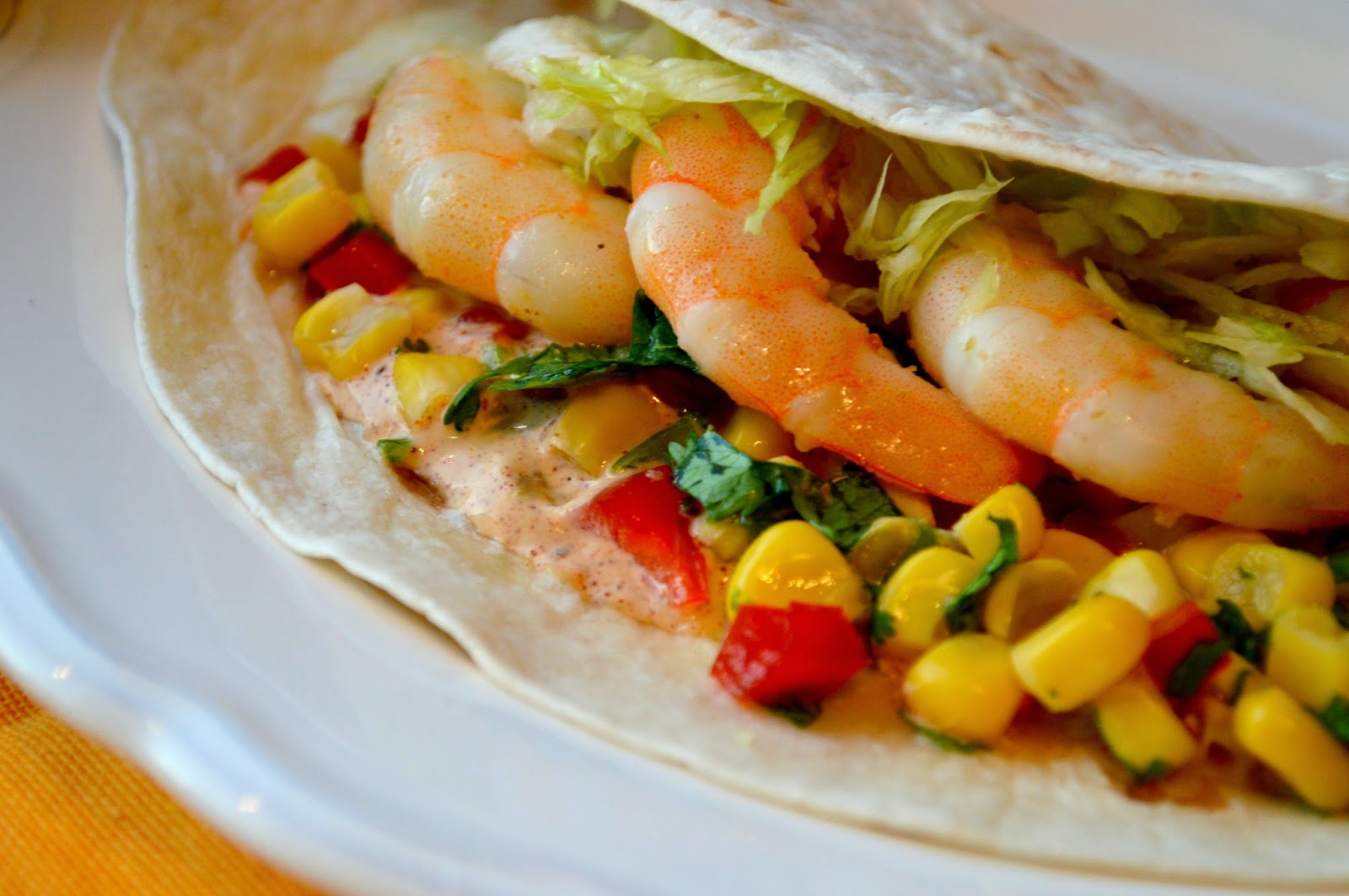 Sister Spoon Shrimp Tacos with Corn Pepper Salsa and ChiliLime Sour Cream